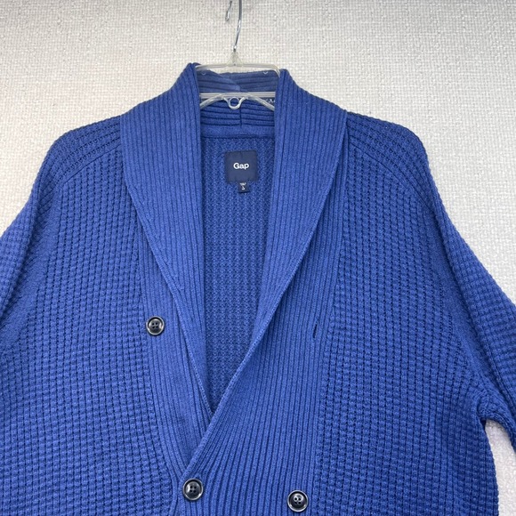 Gap‎ Men's L Tall Shawl Collar Cardigan Sweater Blue Waffle Knit Double Breasted - Picture 2 of 14